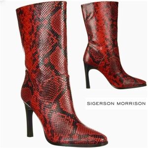 Sigerson Morrison Kiona Fashion Boots, Black Red Snake Print Leather Booties 37